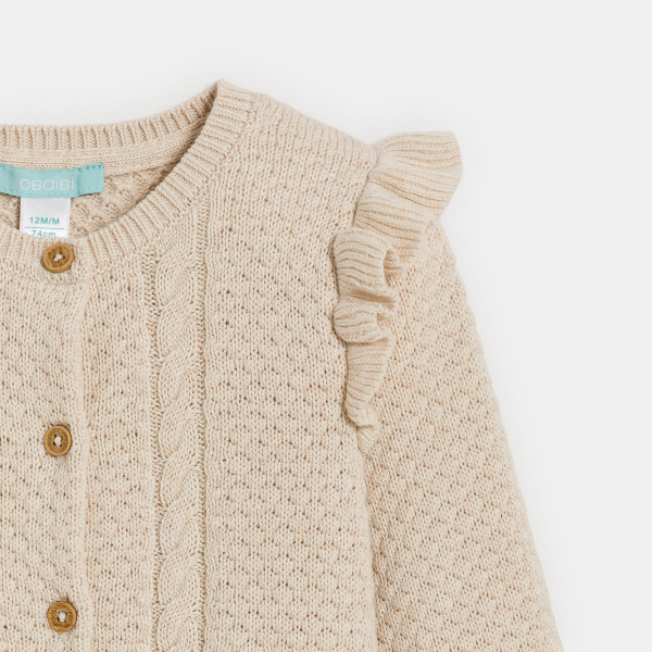 سترة منسوجة من خيط الصوف مع كشكش، بلون البيج للفتيات الصغيرات